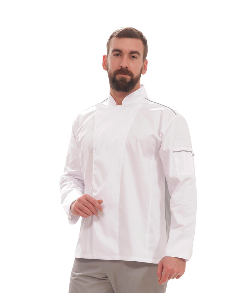 Μακρυμάνικο σακάκι σεφ Epaulet της Uniform λευκό με γκρί